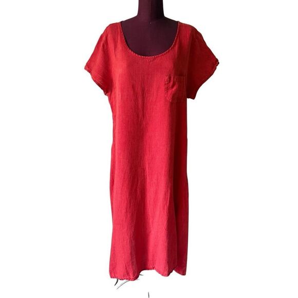 Flax Linen Midi Dress size M Coral Red Short Sleeve Pull On Striped Lagenlook - Picture 1 of 8